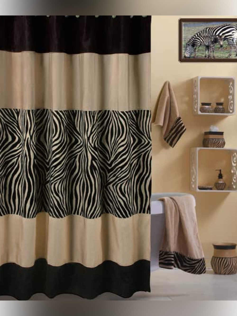 Sherry Kline Zuma 72-inch Zebra Print Blocked Woven Shower Curtain & 9 Hooks